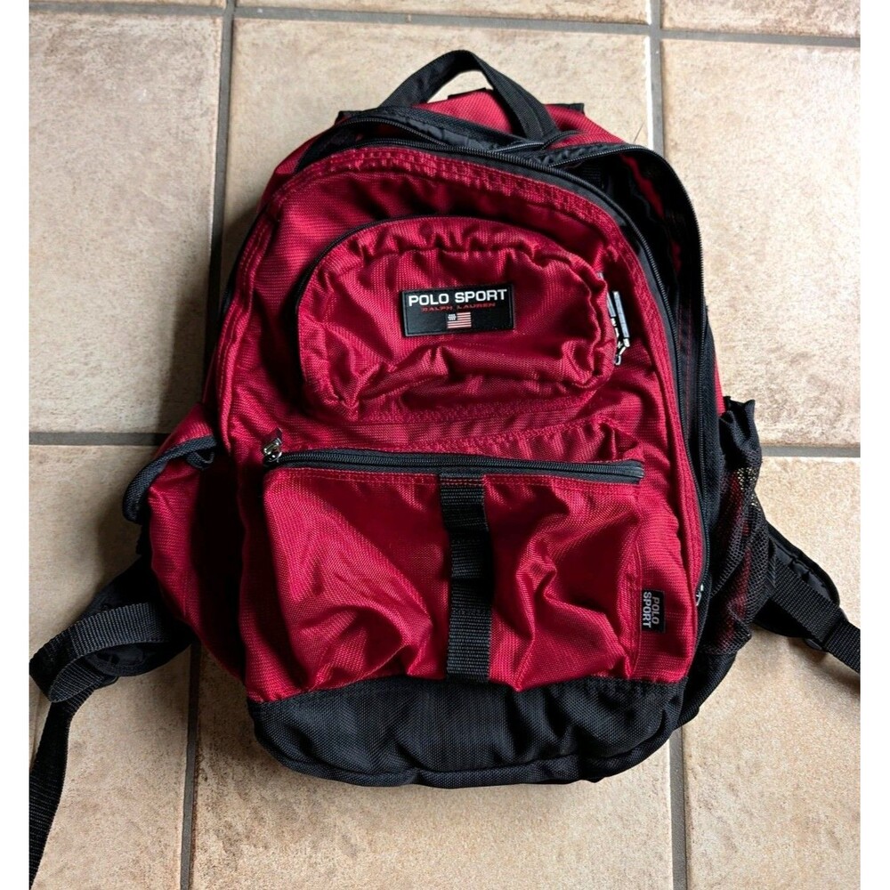 VTG Ralph Lauren Polo Sport Black Red Backpack Zip Large Many Compartments